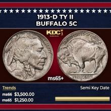 1913-d Ty II Buffalo Nickel 5c ms65+ SEGS