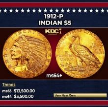 1912-p Gold Indian Half Eagle $5 ms64+ USCG