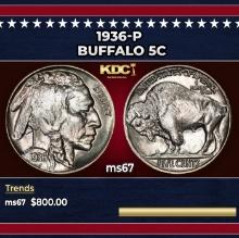 1936-p Buffalo Nickel 5c ms67 SEGS