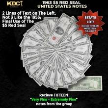 15x 1963 $5 Red Seal United States Note Grades VF/XF