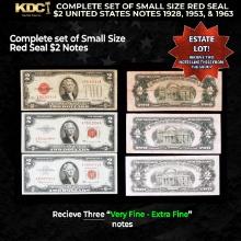 Complete Set Of Small Size Red Seal $2 United States Notes 1928, 1953, & 1963 Grades VF/XF