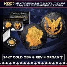 1921 Morgan Dollar $1 Black Ruthenium & 24K Gold Plated Highlights w/ Box Other Toy
