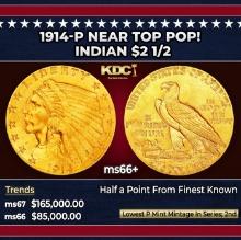 1914-p Gold Indian Quarter Eagle Near Top Pop! $2 1/2 ms66+ USCG