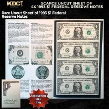 Scarce Uncut Sheet of 4x 1993 $1 Federal Reserve Notes In BeP Folder