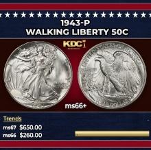 1943-p Walking Liberty Half Dollar 50c ms66+ SEGS