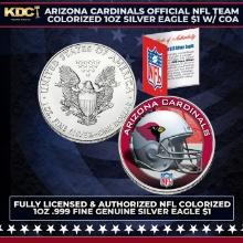 Arizona Cardinals Official NFL Team Colorized 1oz Silver Eagle $1 w/ COA Other Toy