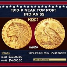 1910-p Gold Indian Half Eagle Near Top Pop! $5 ms65+ USCG
