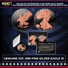 2024 Black Ruthenium & 23K Rose Gold Gilded 1oz American Silver Eagle Coin, BU Coin w/ Box & COA Oth