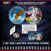 2021 35th Anniversary Colorized Limited Editon 1oz Silver Eagle Coin, Limited to 300. Type 2. Other