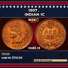 1907 Indian Cent . 1c Grades ms65 rd