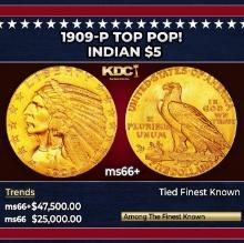 1909-p Gold Indian Half Eagle TOP POP! $5 ms66+ USCG