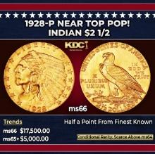 1928-p Gold Indian Quarter Eagle Near Top Pop! $2 1/2 ms66 USCG