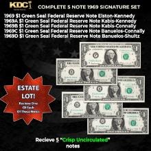 Complete 1969 $1 Green Seal Federal Reserve Note Signature Set 1969, 1969A, 1969B, 1969C, 1969D 5Not