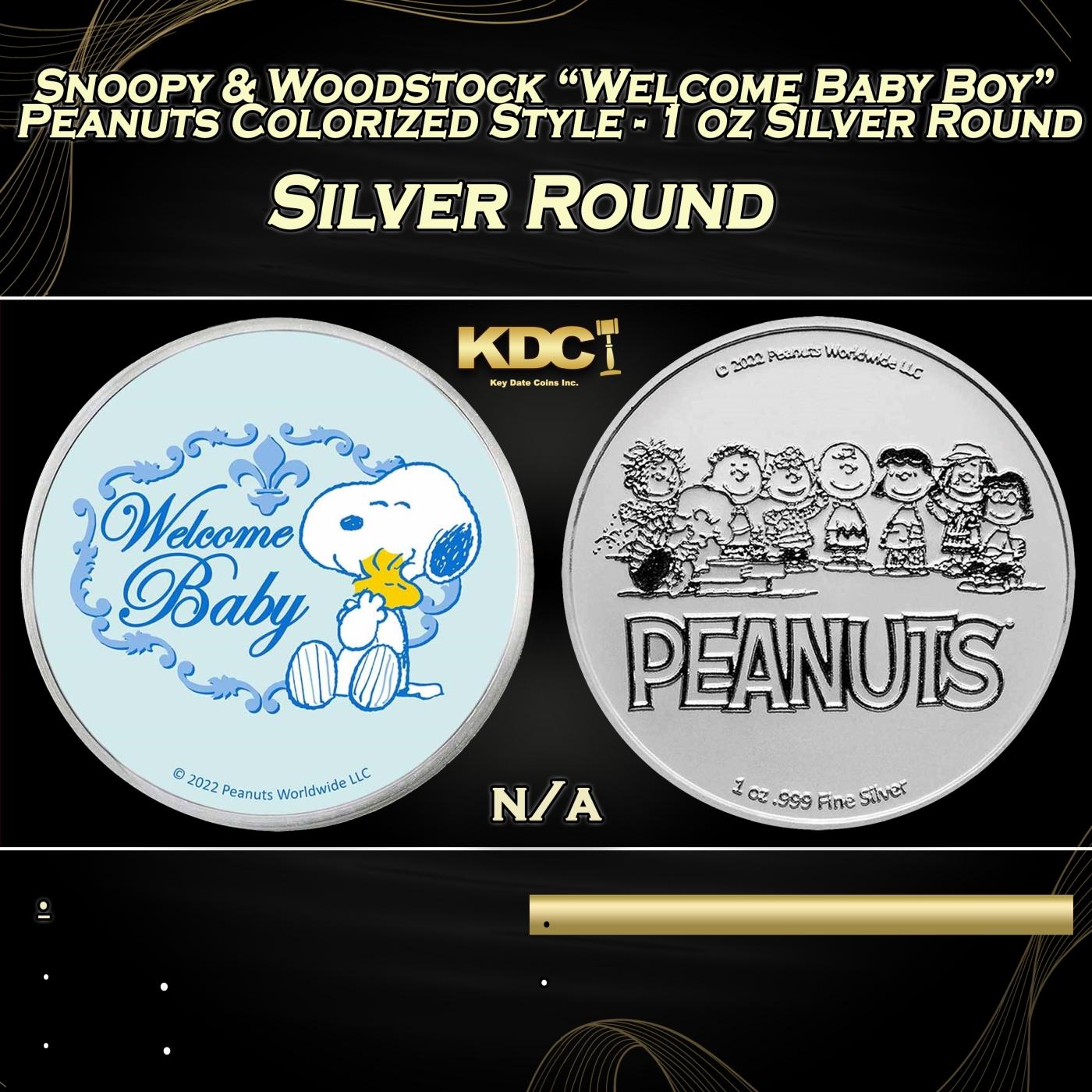 Snoopy & Woodstock "Welcome Baby Boy" Peanuts Colorized Style - 1 oz Silver Round Round