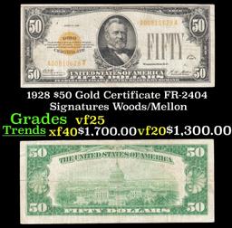 1928 $50 Gold Certificate FR-2404 Signatures Woods/Mellon Grades vf+