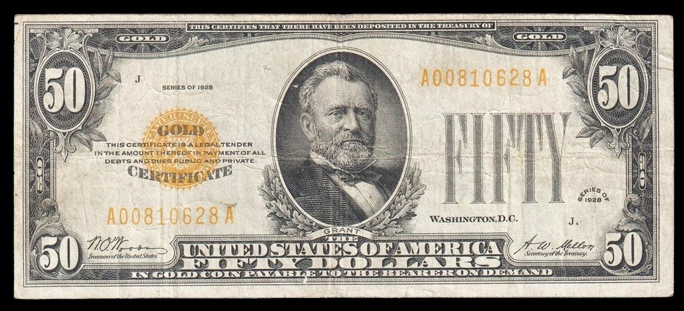 1928 $50 Gold Certificate FR-2404 Signatures Woods/Mellon Grades vf+