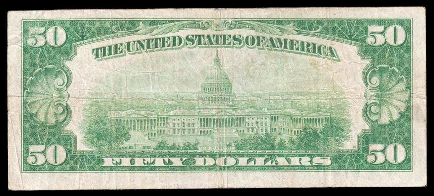 1928 $50 Gold Certificate FR-2404 Signatures Woods/Mellon Grades vf+