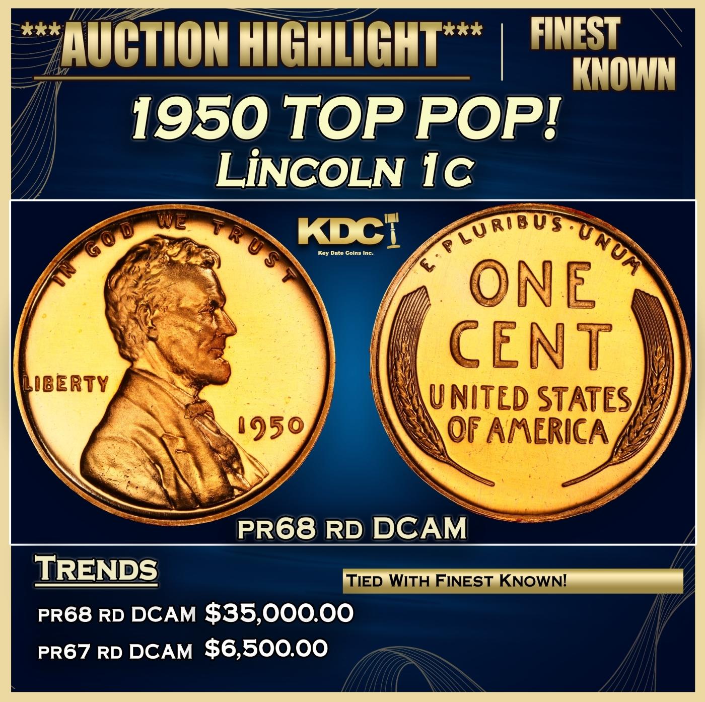 1950 Proof Lincoln Cent TOP POP! 1c pr68 rd DCAM SEGS