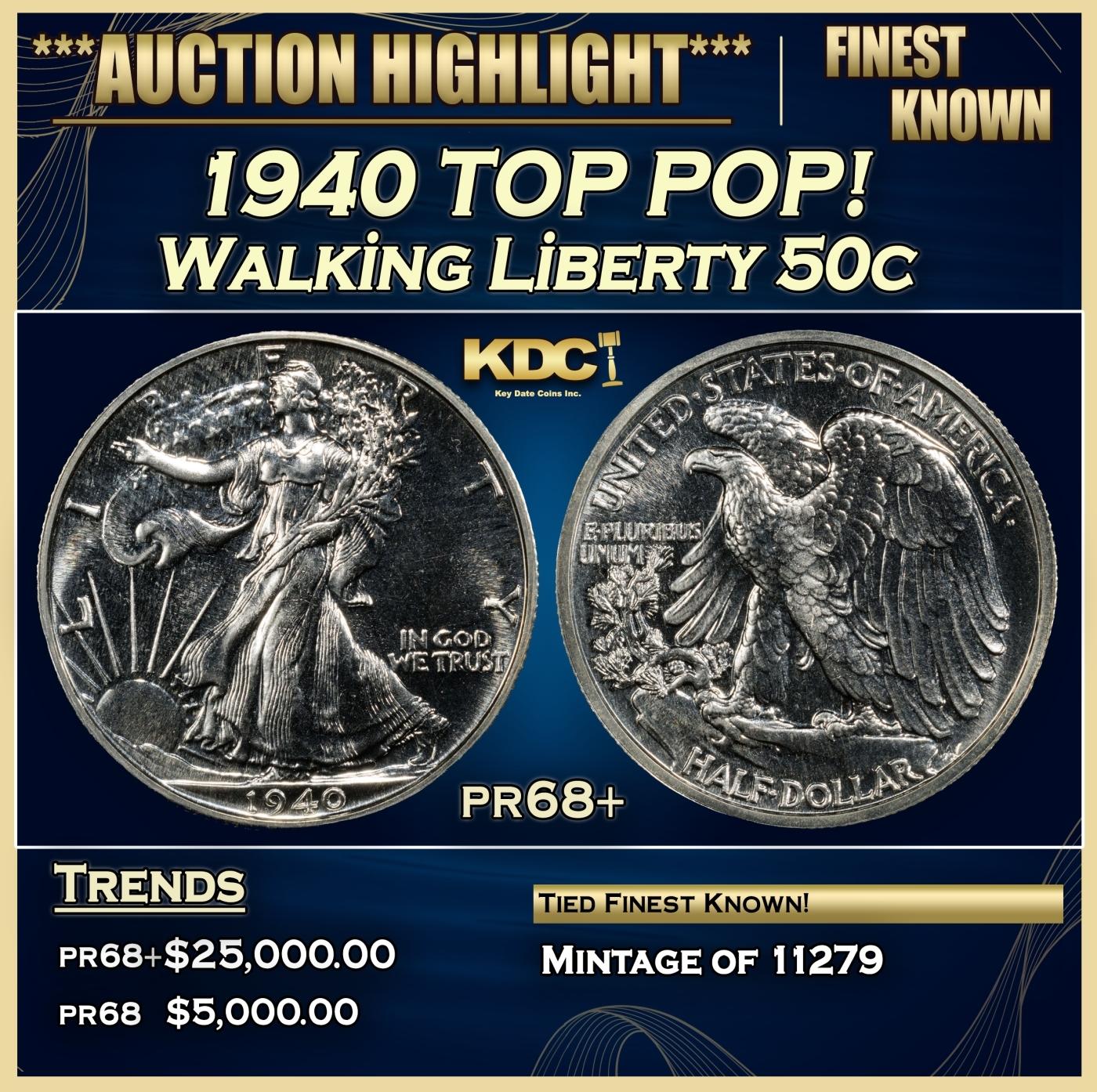 1940 Proof Walking Liberty Half Dollar TOP POP! 50c pr68+ SEGS