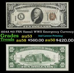 1934A $10 FRN Hawaii WWII Emergency Currency Grades Select AU