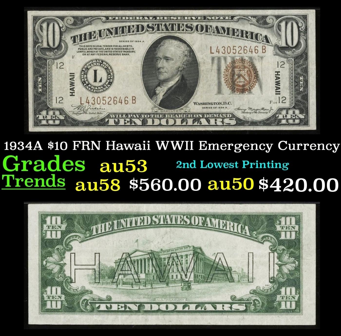 1934A $10 FRN Hawaii WWII Emergency Currency Grades Select AU