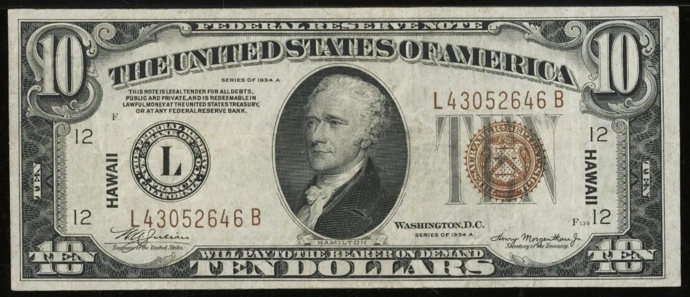 1934A $10 FRN Hawaii WWII Emergency Currency Grades Select AU