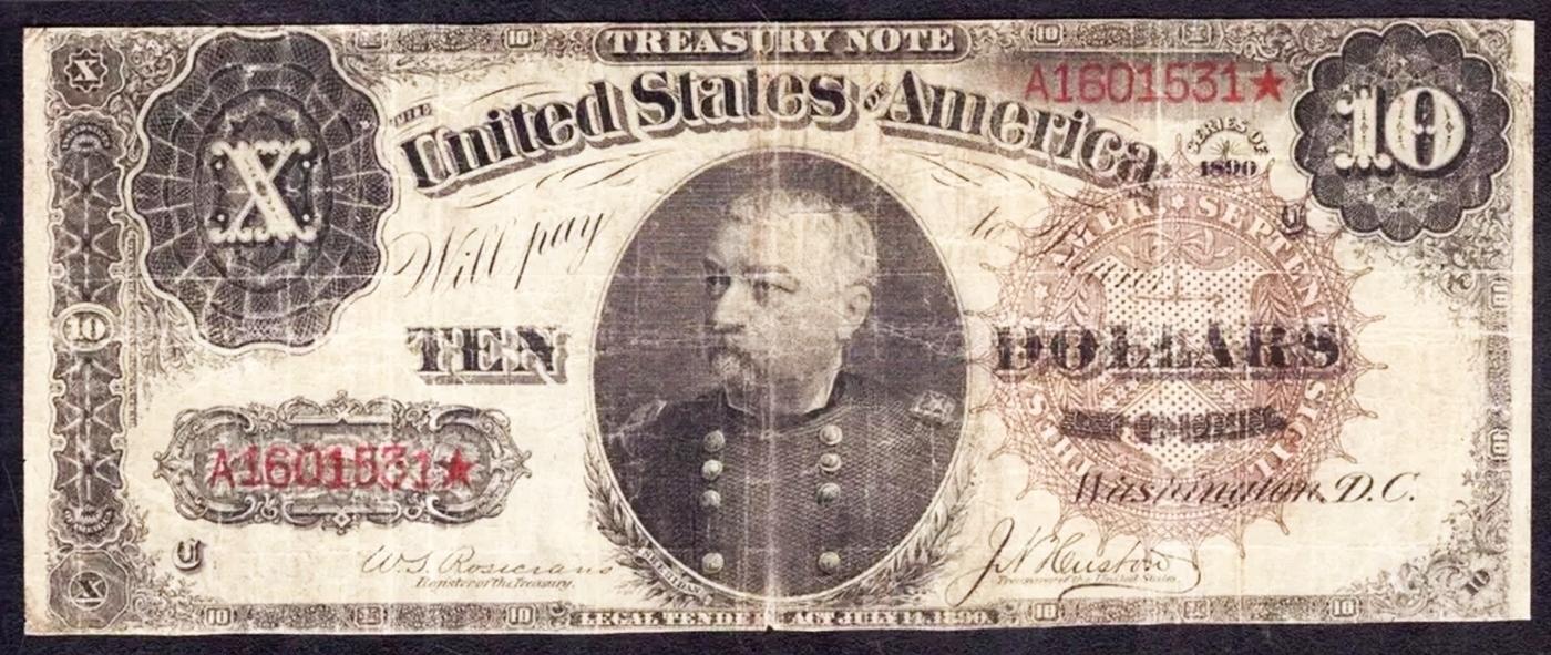 1890 $10 Treasury Note Grades vf+ Signatures Rosecrans/Huston