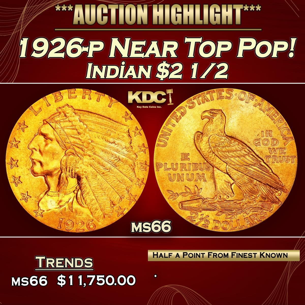 1926-p Gold Indian Quarter Eagle Near Top Pop! $2 1/2 ms66 USCG