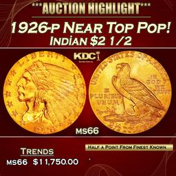 1926-p Gold Indian Quarter Eagle Near Top Pop! $2 1/2 ms66 USCG
