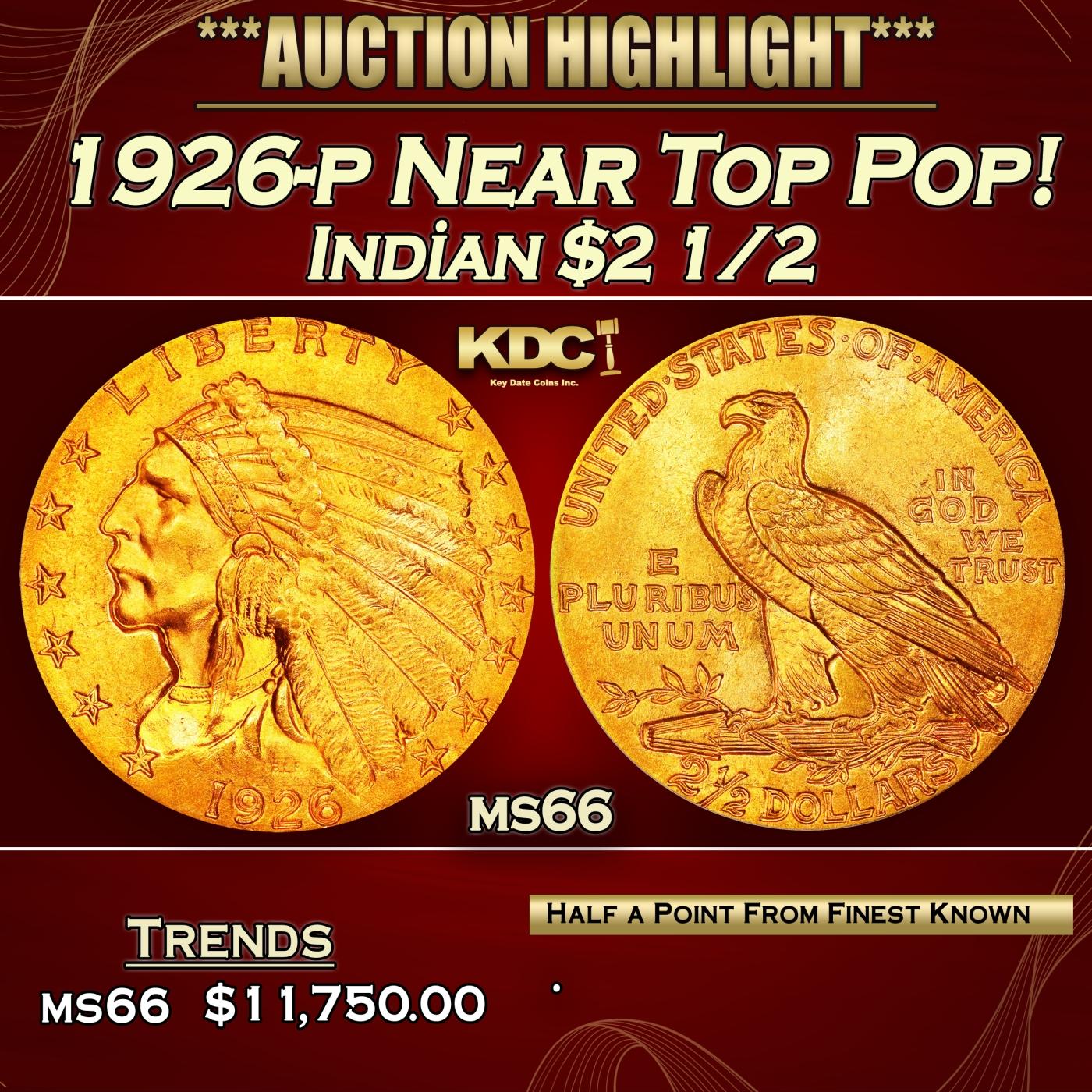 1926-p Gold Indian Quarter Eagle Near Top Pop! $2 1/2 ms66 USCG