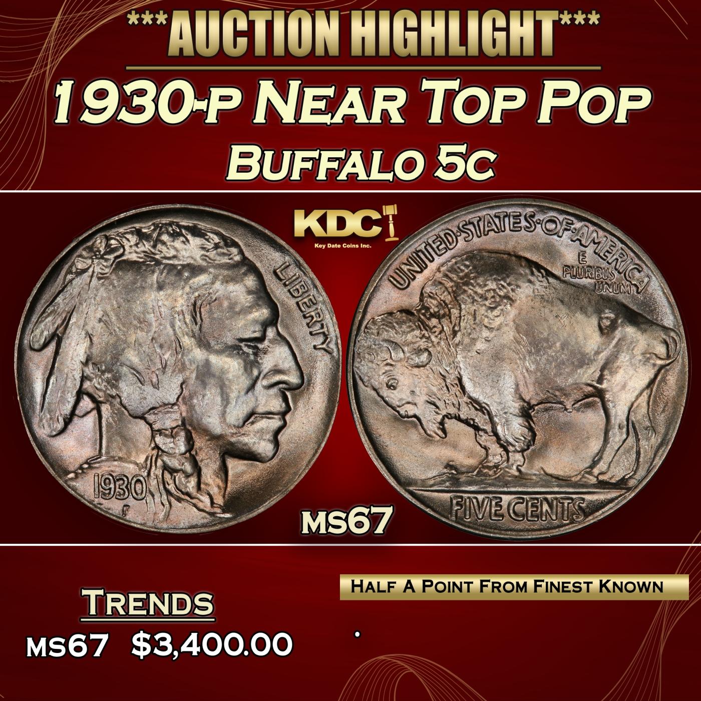 1930-p Buffalo Nickel Near Top Pop 5c ms67 SEGS