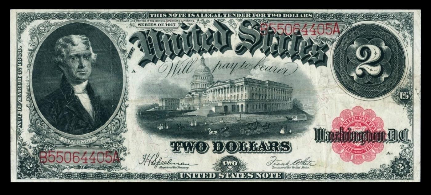 1917 $2 Large Size Legal Tender Note Thomas Jefferson Grades Select AU Signatures Elliott/Burke