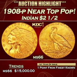 1908-p Gold Indian Quarter Eagle Near Top Pop! $2 1/2 ms66 USCG