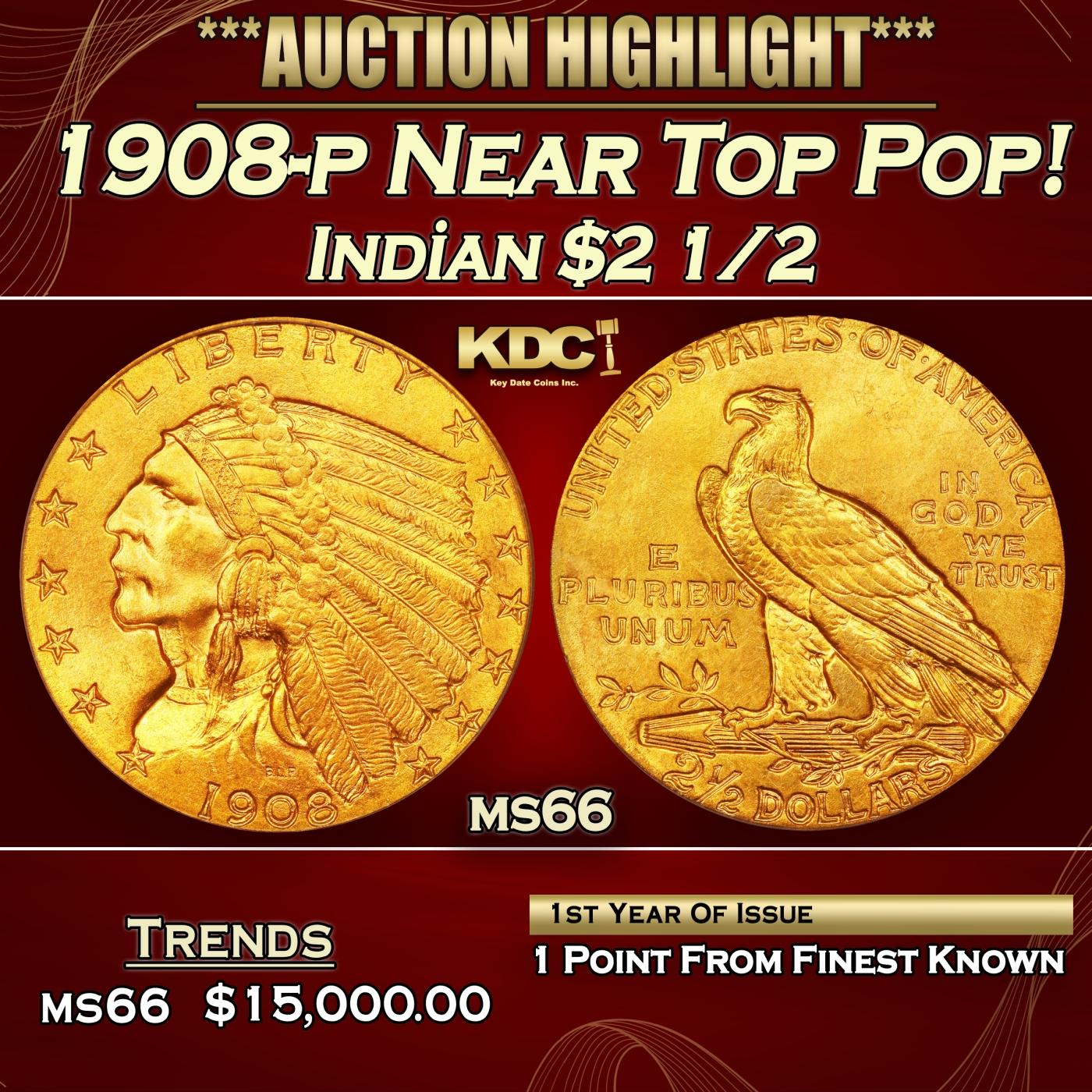 1908-p Gold Indian Quarter Eagle Near Top Pop! $2 1/2 ms66 USCG