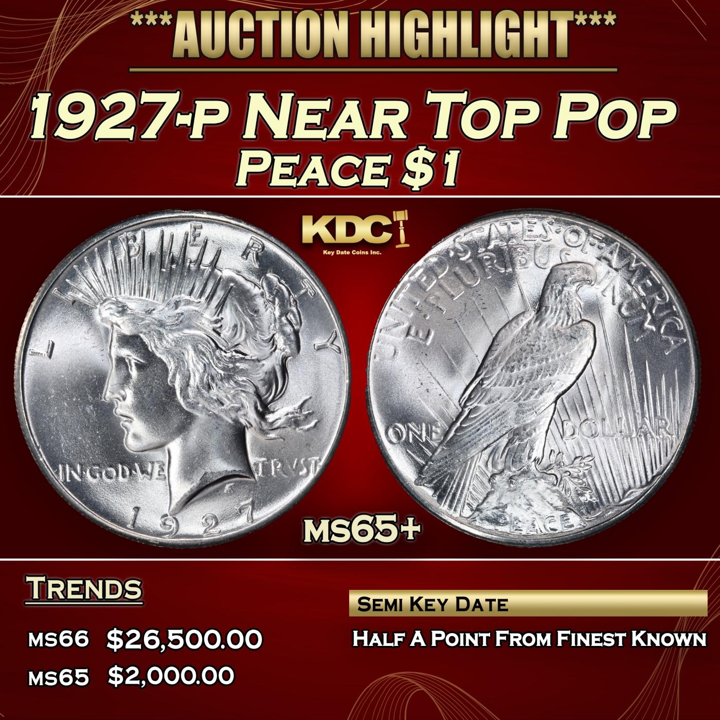 1927-p Peace Dollar Near Top Pop $1 ms65+ SEGS