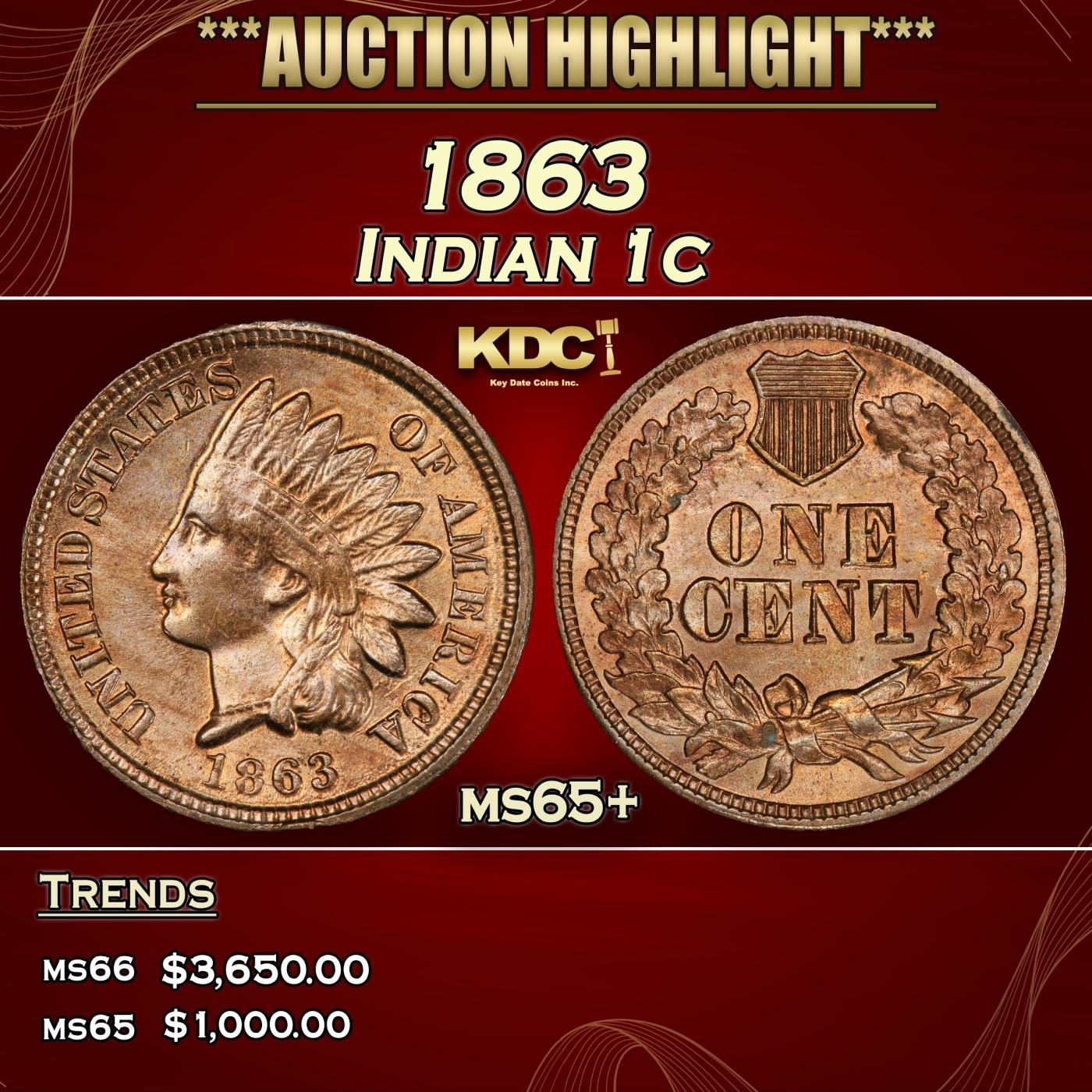 1863 Indian Cent 1c ms65+ SEGS