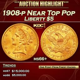 1908-p Gold Liberty Half Eagle Near Top Pop $5 ms66+ SEGS