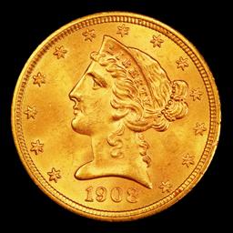 1908-p Gold Liberty Half Eagle Near Top Pop $5 ms66+ SEGS