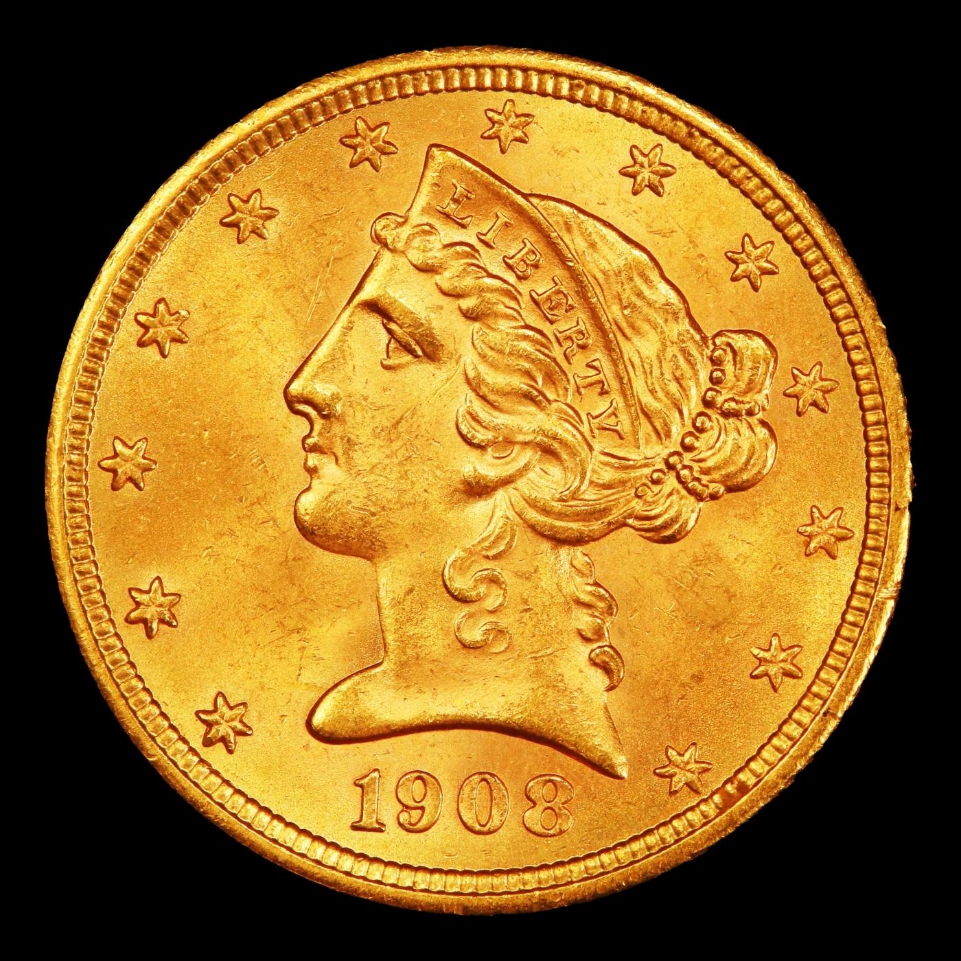 1908-p Gold Liberty Half Eagle Near Top Pop $5 ms66+ SEGS