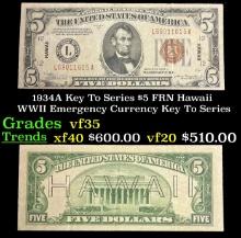 1934A $5 FRN Hawaii WWII Emergency Currency Key To Series Key To Series Grades vf++
