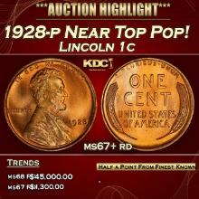 1928-p Lincoln Cent Near Top Pop! 1c ms67+ rd SEGS
