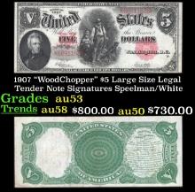 1907 $5 Large Size Legal Tender Note "WoodChopper" Grades Select AU Signatures Speelman/White