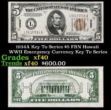 1934A $5 FRN Hawaii WWII Emergency Currency Key To Series Key To Series Grades xf