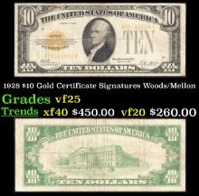 1928 $10 Gold Certificate Signatures Woods/Mellon Grades vf+