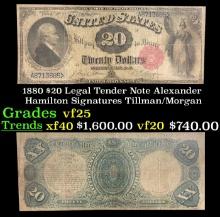 1880 $20 Legal Tender Note Alexander Hamilton Grades vf+ Signatures Tillman/Morgan