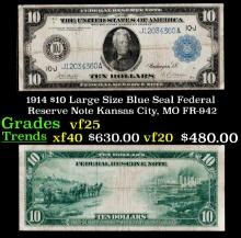 1914 $10 Large Size Blue Seal Federal Reserve Note Kansas City, MO Grades vf+ FR-942
