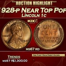 1928-p Lincoln Cent Near Top Pop! 1c ms67 rd SEGS
