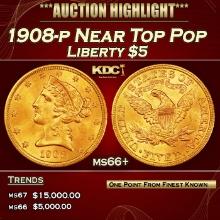 1908-p Gold Liberty Half Eagle Near Top Pop $5 ms66+ SEGS