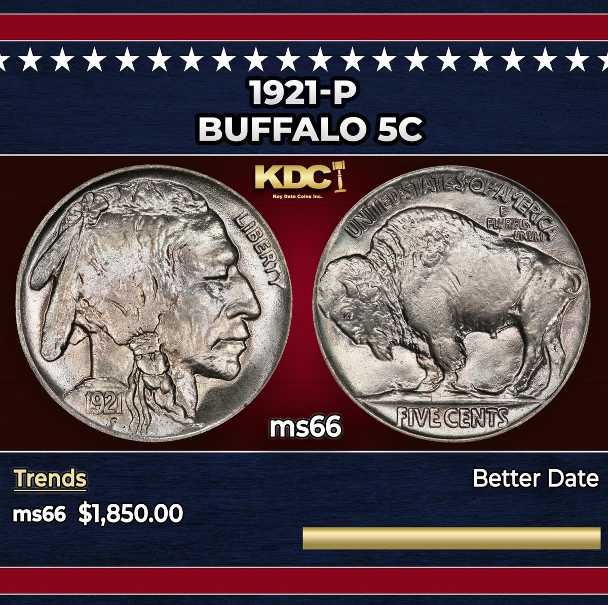 1921-p Buffalo Nickel 5c ms66 SEGS