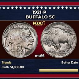 1921-p Buffalo Nickel 5c ms66 SEGS